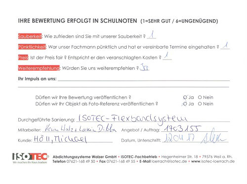 ISOTEC-Kundenbewertung des ISOTEC-Fachbetriebes Walzer in Lörrach durch die Familie Höll, konstruktive Kritik ist unsere Chance