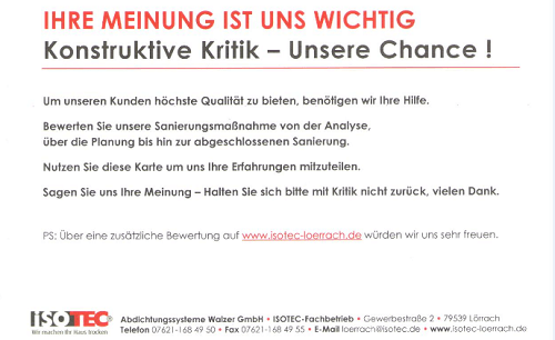 ISOTEC-Kundenbewertung des ISOTEC-Fachbetriebes Walzer in Lörrach, konstruktive Kritik ist unsere Chance