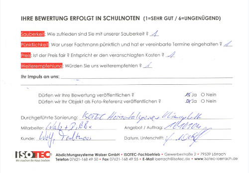 ISOTEC-Kundenbewertung des ISOTEC-Fachbetriebes Walzer in Lörrach durch den Kunden Wolf aus Todtmoos, konstruktive Kritik ist unsere Chance