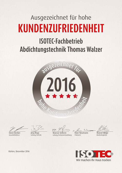 ISOTEC-Abdichtungstechnik Thomas Walzer-Auszeichnung für hohe Kundenzufriedenheit 2016-Urkunde 