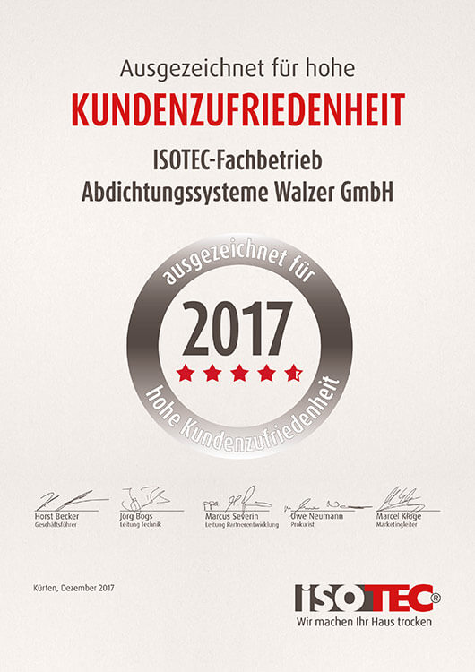 ISOTEC-Abdichtungssysteme Walzer GmbH-Auszeichnung für hohe Kundenzufriedenheit 2017-Urkunde 