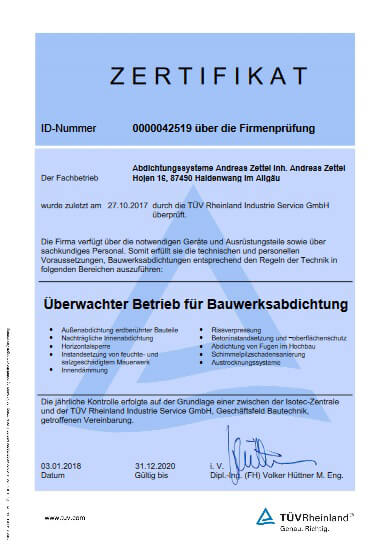 Zertifikat TÜV überwacht ISOTEC-Zettel Allgäu Haldenwang